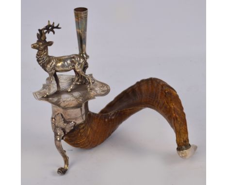 A Victorian ram's horn and electroplated mounted centrepiece with shield shaped platform to the top with a figure of deer and