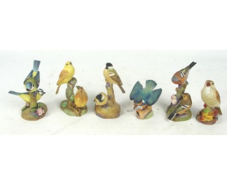 Six Royal Worcester matt glazed figures of birds; "Chaffinches", "Yellow Hammers", "Kingfisher", "Thrush", "Blue Tits" and "C