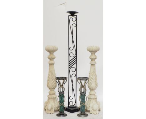 A contemporary pair of painted pricket candlesticks with leaf carved decoration, height 80cm, a smaller pair of metal framed 