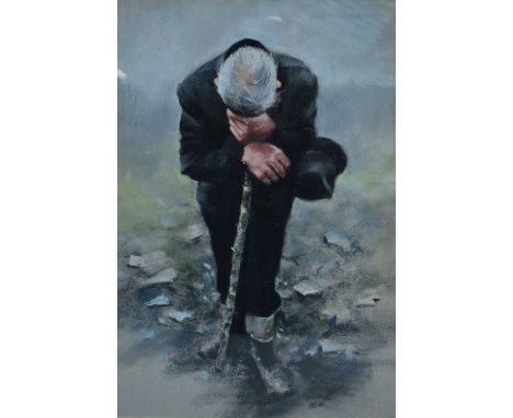 20TH CENTURY NORTHERN SCHOOL; pastel, study of a man holding a hat leaning on a stick, unsigned, 52.5 x 41cm, framed and glaz