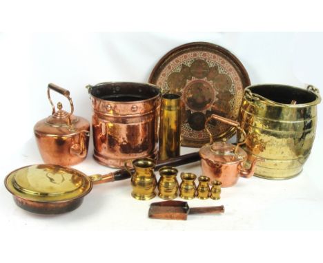 A quantity of metalware to include two copper kettles, a bucket, a brass bucket, a warming pan, a set of five graduated mugs,