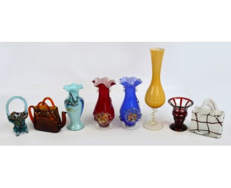 A group of decorative glass vases including three Murano examples, two purse vases and a clear and ruby glass Victorian bell 