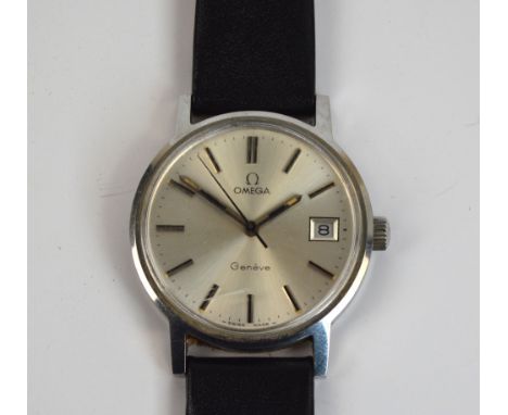 OMEGA; a stainless steel manual gentleman's wristwatch, the circular dial set with baton numerals and date aperture, on leath