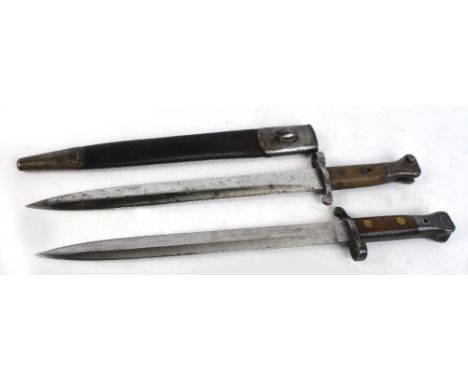 A late 19th century bayonet with leather scabbard, length 44cm and a further bayonet with Sanderson blade (lacking scabbard),