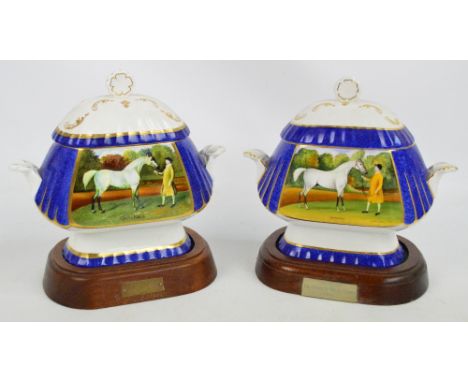 Two Sutherland bone china porcelain oval horseracing trophies produced for Gilbey Racing, York Races, 1984 and 1985, each han