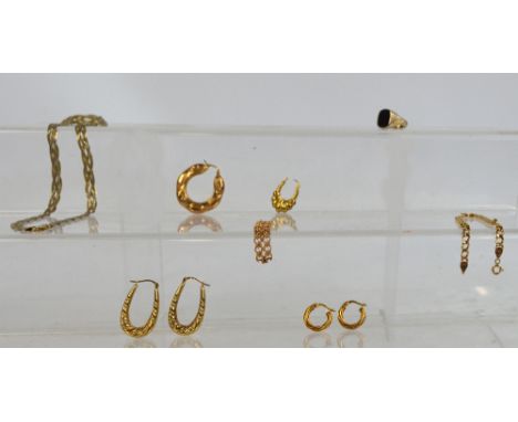 A group of predominantly 9ct gold items comprising two pairs of earrings, two odd earrings, a flat link chain bracelet, and p