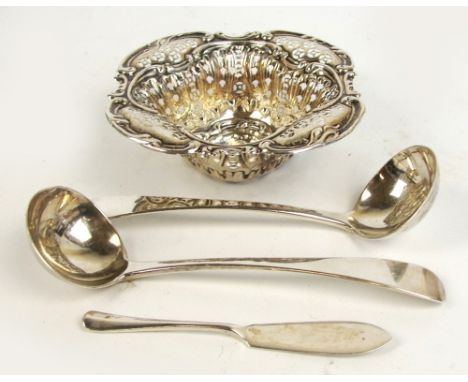 A pair of Victorian hallmarked silver Old English pattern sauce ladles of plain form, makers mark obscured, London 1861, leng