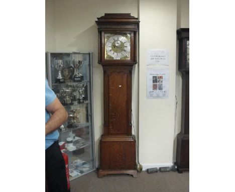 WILLIAM BARKER, WIGAN; a late 18th century oak longcase clock, with brass square face and silvered circular dial set with Rom