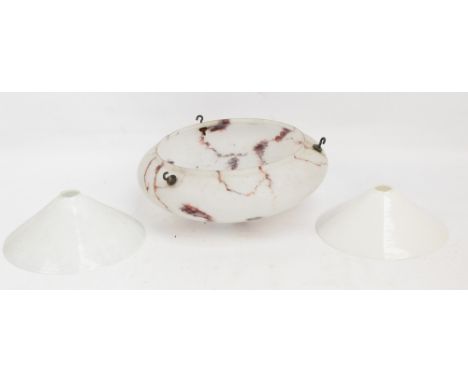 An Art Deco purple tinted opaque glass ceiling light, diameter 34cm, and two small opaque shades, diameter 23.5cm (3).