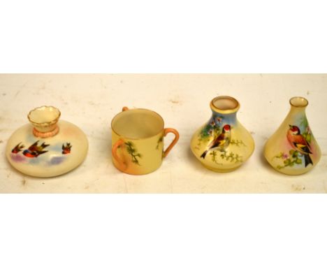 A small collection of Locke & Co Worcester blush ivory bird painted vessels including a peacock painted tyg by H Wall, a gold