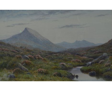 GEORGE BENTLY; watercolour, expansive moorland landscape with sheep grazing beside a stream, signed, 44.5 x 72.5cm, framed an