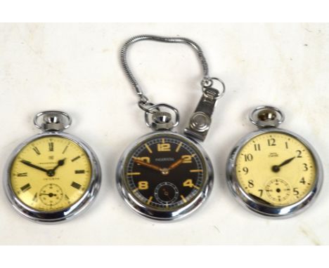 INGERSOLL; two chrome cased open face crown wind pocket watches, one set with Roman numerals, the other with Arabic, both wit