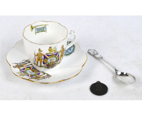 A Foley china cup and saucer commemorating Roberts, Buller, Kitchener, White, Baden Powell and French, a hallmarked silver co