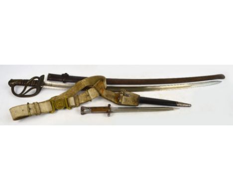 A late 19th century sidearm with pierced brass knuckle guard and blade dated 1888, in metal scabbard, length 107cm, and a Wil