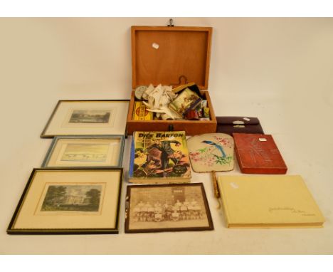 A mixed lot of collectors' items including a Japanese hand painted silk fan, a leatherbound sewing box, three pairs of lace g