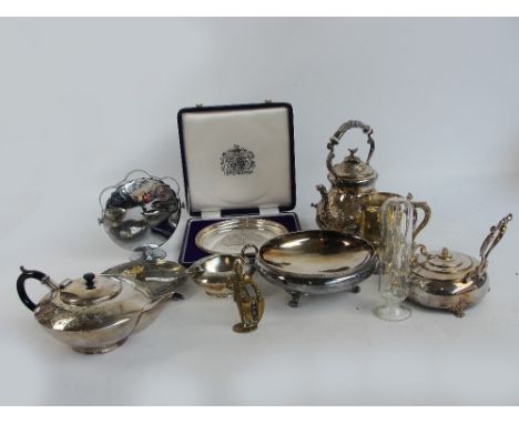 A quantity of electroplated items including a spirit kettle on stand, a four piece tea service comprising teapot, hot water j