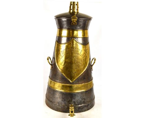 An unusual Brickfields Dairy brass mounted milk churn of conical form, the hinged upper lid bearing brass plaque inscribed "H