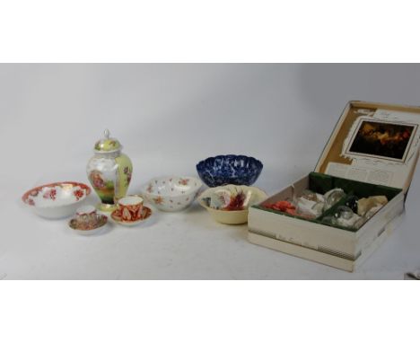 Four ceramic bowls including Royal Doulton "Autumn Glory" and Minton examples, two late 19th century Derby cups and saucers, 