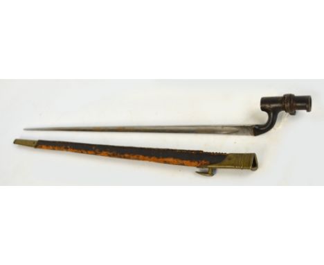 An 1876 pattern Martini-Henry bayonet with Turkish marks and leather scabbard, length 65cm.