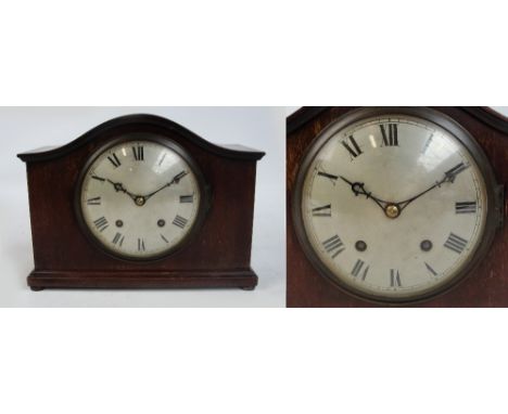 An Edwardian mahogany domed eight day mantel clock with Winterhalder & Hofmeier movement, circular silvered dial set with Ara