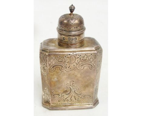 A late Victorian hallmarked silver Britannia standard reproduction tea caddy of rectangular form with canted corners with dom