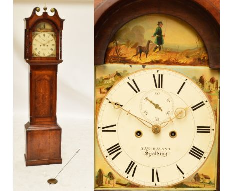 A 19th century oak eight day longcase clock, the hood with broken swan neck pediment above arched dial set with Roman numeral
