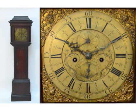 A George III oak longcase clock, the caddy top above 12" square brass dial set with Roman numerals, subsidiary seconds hand a