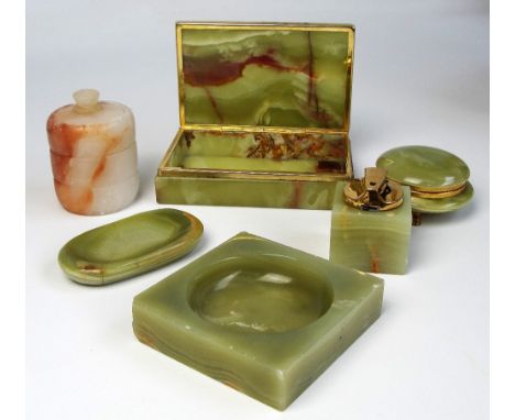 A small collection of onyx items comprising a table lighter and matching ashtray by Ronson, a rectangular box with hinged lid