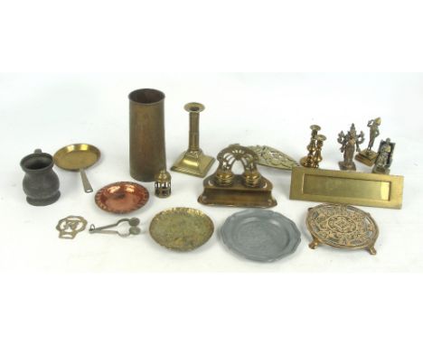 A quantity of metalware including an Art Nouveau two section inkwell, a brass ejector candlestick, various ornaments, etc.