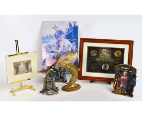 A quantity of angling collectibles, comprising a framed set of replica Hardy Bros reels, a ceramic leaping trout (one fin af)