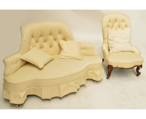 A small window settee with button back and turned tapering legs to castors, width 136cm, and a Victorian small nursing chair 