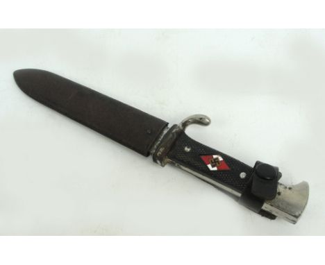 A WWII period German Third Reich Hitler Youth dagger, the blade marked "Robert Klaas, Solingen", with metal scabbard and leat