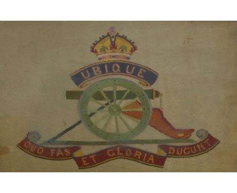 A WWI period embroidered panel depicting the Royal Artillery crest, 35 x 45cm, framed and glazed.