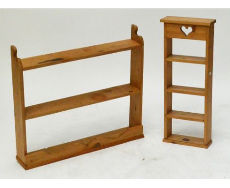 A pine two shelf wall unit, 80 x 72cm, depth 12.5cm, and a smaller four shelf example, height 78cm.