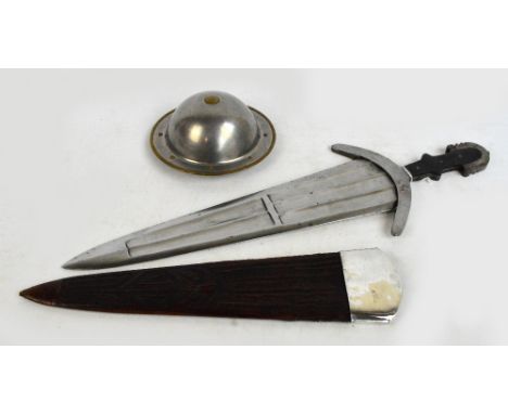 A reproduction Cinquedea with broad tapering blade and leather scabbard, length 56cm and a domed buckler with brass rim and w