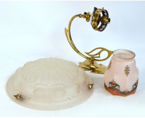 A pendant light fitting with domed opaque moulded plaffonier suspended by three brass chains, diameter 35cm and an Art Nouvea