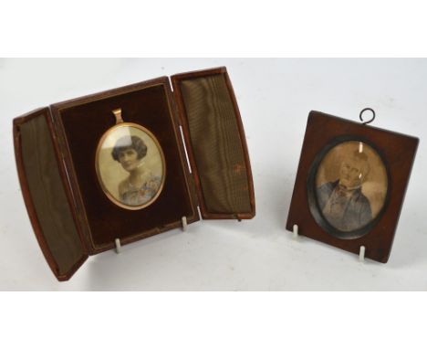 A 19th century oval watercolour portrait miniature depicting a gentleman in mahogany frame, and a hand coloured printed examp