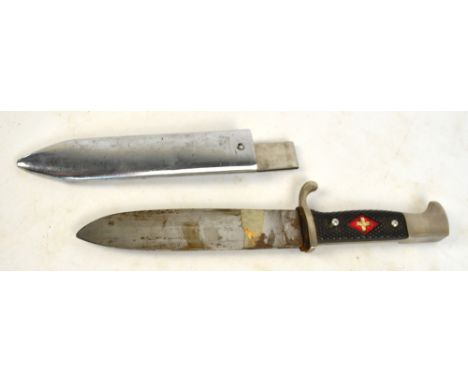 A WWII Hitler Youth dagger with Solingen blade and scabbard, length 25.5cm (af). CONDITION REPORT: Half of the grip is missin