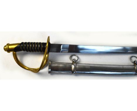 A reproduction American cavalry sword, with wirework grip, pierced knuckle guard and metal scabbard, length 110cm.