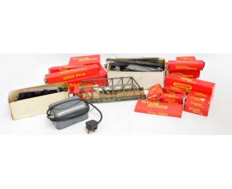 A quantity of Tri-ang OO gauge railway accessories including B-B diesel loco, Hopper car, level crossing, mail coach set, tra