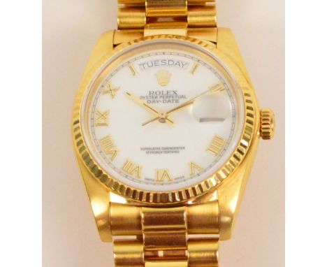 ROLEX; a gentleman's Oyster perpetual day-date 18ct yellow gold wristwatch with President bracelet, boxed with 1989 price lis