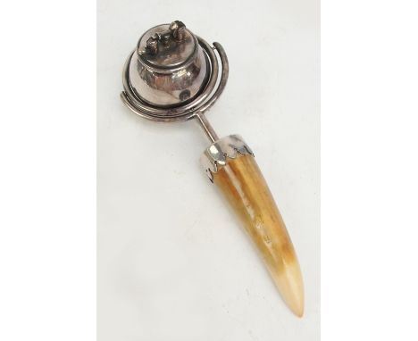 A novelty electroplated gimballed officer's mess hand held cigarette lighter with marine ivory handle, length 21cm.