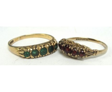 A 9ct gold green stone set five stone ring, size O, and a further 9ct decorative five stone ring, size K, combined approx 4.3