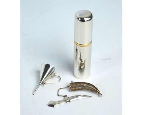 An Elizabeth II hallmarked silver circular scent bottle with atomiser of plain form, A.J. Poole, Birmingham 2007, and an asso