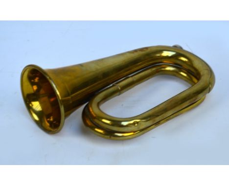 A 20th century military brass bugle stamped "Mayers & Harrison Ltd maker Manchester England 1961", with military ordnance mar