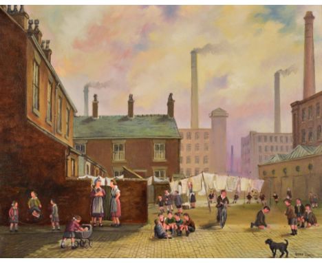 STEVEN SCHOLES (b.1952); oil on canvas, Northern street scene with children playing, women talking and women hanging out thei