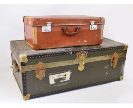 A vintage green metal bound travelling trunk, 90 x 33 x 51.5cm, and a vintage leather suitcase (2). CONDITION REPORT: Both su