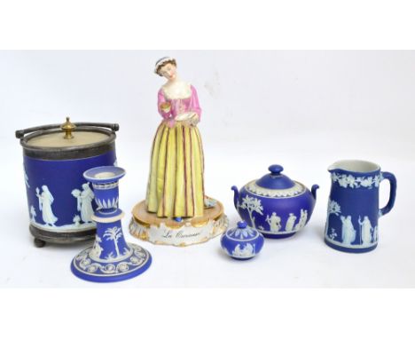 Five pieces of Wedgwood blue jasper dip; a biscuit barrel with plated mounts (af), a jug, a candlestick, a sugar bowl and cov