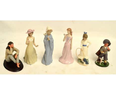 Three Nao figures; a nun, a girl with a hoop and dog and a girl with a flower and hat, also three Nadal figures; a girl with 