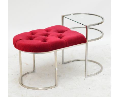 A 1960s chrome framed telephone seat with red velvet button upholstered seat and two tier glass table, length 92cm.